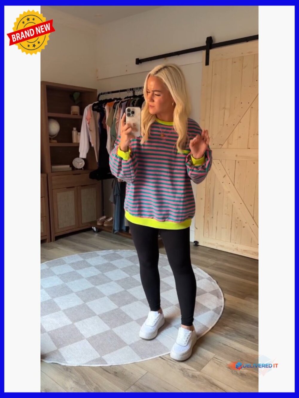 Oversized Crewneck Sweatshirt Dropped Shoulders Striped Pullover Long Sleeve Top - Picture 6 of 7